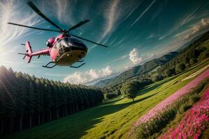 en helikopter flygande över en frodig grön fält. ai genererad foto