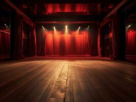 teater skede med röd ridå, belysning, trä- golv, sinnessjuk detalj, slät belysning ai generativ foto