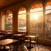 en panorama- landskap av en sent eftermiddag i en äkta Italien kaffe affär ai generativ foto