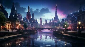 fotorealistisk cyberpunk storstads stad i de natt ai genererad foto