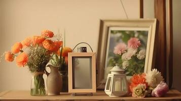 ai generativ tömma Foto ram med rustik lykta med färsk blommor