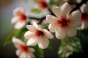 en grupp av vit blommor med röd centrerar. ai genererad foto