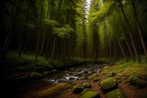 en ström löpning genom en frodig grön skog. ai genererad foto