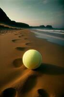 en tennis boll Sammanträde på topp av en sandig strand. ai genererad foto