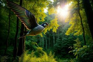 en fågel flygande över en frodig grön skog. ai genererad foto
