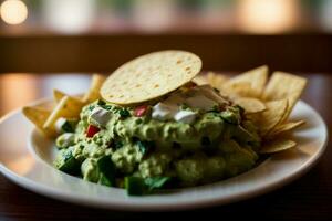 en tallrik av guacamole och pommes frites på en tabell. ai genererad foto