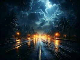motorväg väg i de natt med tung regn och blixt- ai generativ foto