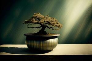 en bonsai träd i en pott på en tabell. ai genererad foto