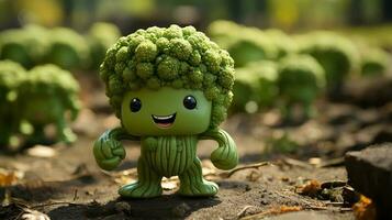 broccoli ha ansikte, händer och fot gående tillverkad förbi ai generativ foto