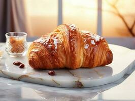 fotografi av franska croissant på de vit marmor tabell ai genererad foto