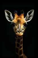 porträtt av en giraff på en svart bakgrund. studio skott. ai generativ foto