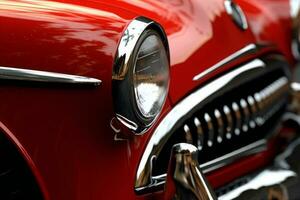 närbild av de strålkastare av en röd årgång bil. ai generativ foto
