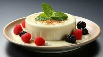 cheesecake maträtt med vit tallrik i vit bakgrund ai generera foto
