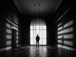 svart och vit bild av en silhuett i de tömma rum generativ ai foto