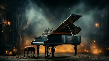 ett gammal stor piano i de mitten av mörk tom rum med Gud strålar ljus den upp ai generera foto