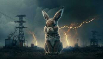 liten kanin stående i främre toxisk massa från kemisk. ai generativ. foto