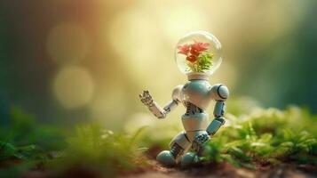 robot innehav en ljus Glödlampa med en små växt på de jord och solljus, begrepp av sparande energi med natur. ai generativ. foto