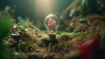 ljus Glödlampa på jord och natur bakgrund, kreativ med inspiration, nyskapande teknik, energi och miljö- begrepp. generativ ai. foto