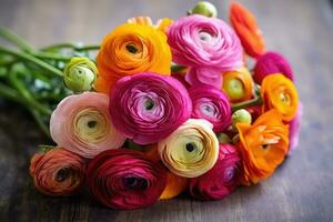 färgrik ranunkel i en bukett. persisk smörblommor bukett av vår blommor. generativ ai foto