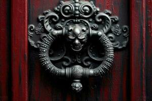årgång gammal metall dekorerad järn dörr knackare. generativ ai foto
