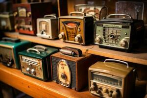 en mängd av årgång tabell topp retro radioapparater. generativ ai foto