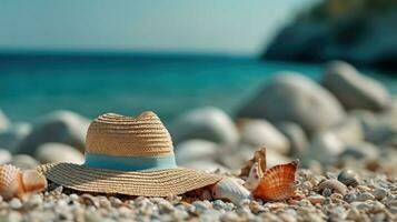 sugrör hatt och på strand sand bredvid sjöstjärna och snäckskal i solljus. generativ ai foto