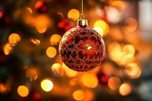 jul med dekoration röd bollar och lampor i abstrakt defocused bakgrund, ny år begrepp , generera ai foto