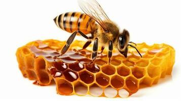 närbild bi på honung hårkam med honung, isolerat på transparent bakgrund Skära ut. generativ ai foto