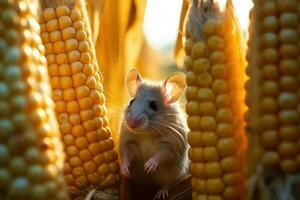 närbild nyfiken ung grå mus dölja sig nära de majs. begrepp av gnagare kontroll.generativ ai foto