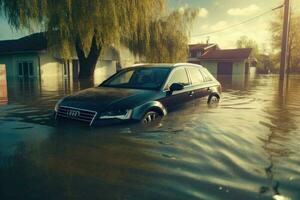 bil översvämmad i översvämning vatten. generativ ai foto