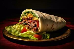 burrito med kött och grönsaker. generativ ai foto