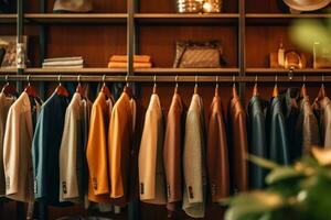mångfald av formell kläder hängande i modern detaljhandeln affär. generativ ai foto