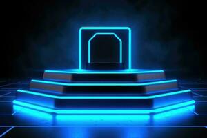 modern trogen podium med neon blå belysning för produkt presentation. generativ ai foto