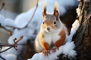 de ekorre sitter på träd i de vinter. generativ ai foto