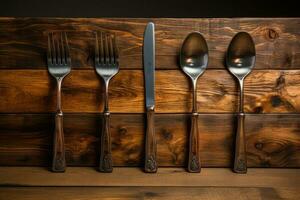 antik sked och gaffel, kniv på en trä- tabell. generativ ai foto