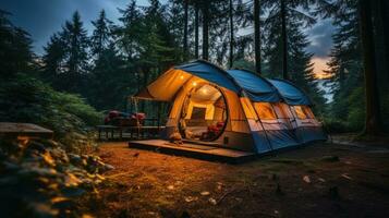 camping picknick tält campingplats i utomhus- vandring skog. generativ ai foto