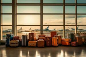 resväskor i flygplats, flygplats hall, flygplan i de bakgrund. generativ ai foto