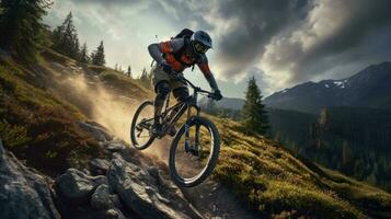 aktiva manlig cyklist ridning cykel på en berg. generativ ai foto