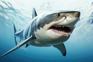 skrämmande haj med öppen käftar. generativ ai foto