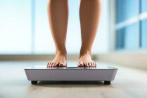närbild av kvinna stående på badrum skala, övervakning henne vikt och framsteg mot kondition mål foto