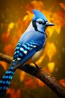 blå och vit fågel Sammanträde på gren i främre av färgrik bakgrund. generativ ai foto