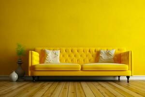 gul soffa Sammanträde på topp av trä- golv Nästa till gul vägg. generativ ai foto