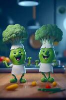 par av broccoli stående Nästa till varje Övrig på topp av trä- tabell. generativ ai foto