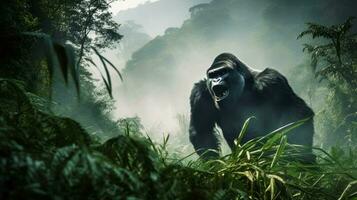 gorilla stående i de mitten av skog fylld med träd och buskar. generativ ai foto