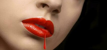 närbild av en släppa av röd läppstift droppande från de flickans mun på en svart bakgrund. foto