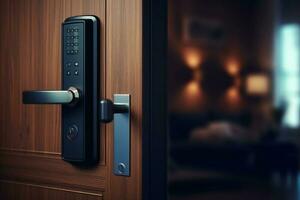trä dörr med smart låsa, Rör skärm knappsats och fingeravtryck, nyckel mindre tillgång generativ ai foto
