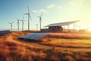 sol- solceller paneler och vind turbiner. energi begrepp generativ ai foto