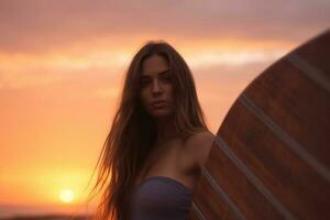 surfa flicka på de solnedgång generativ ai foto