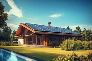 sol- solceller paneler på en hus tak generativ ai foto