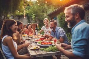 grupp av multietnisk olika människor har roligt, delning berättelser med varje Övrig och äter på utomhus middag fest. familj och vänner samlade in utanför deras Hem på en värma sommar . generativ ai foto